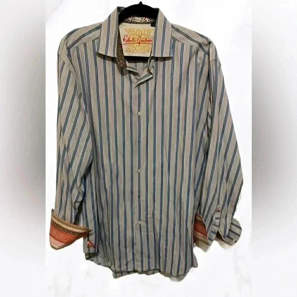 Robert Graham stylish casual trendy button down blue/yellow stripes shirt XL